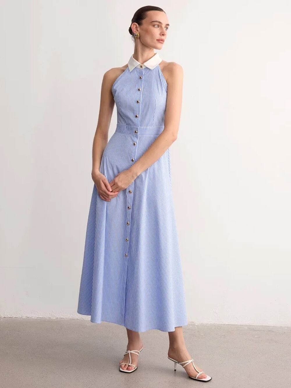 Commense S Collared Striped Sleeveless Buttoned Halter Maxi Dress Blue NWT